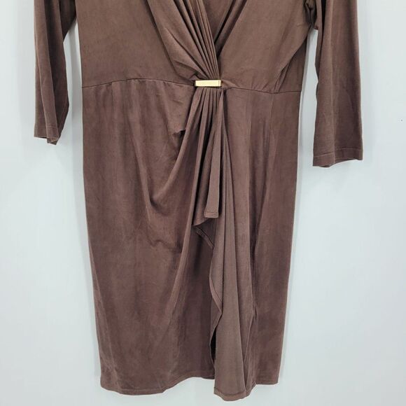 Vintage Faux Suede Mock Wrap 3/4 Sleeve Dress S Brown Stretch Native Peasant - Picture 6 of 8